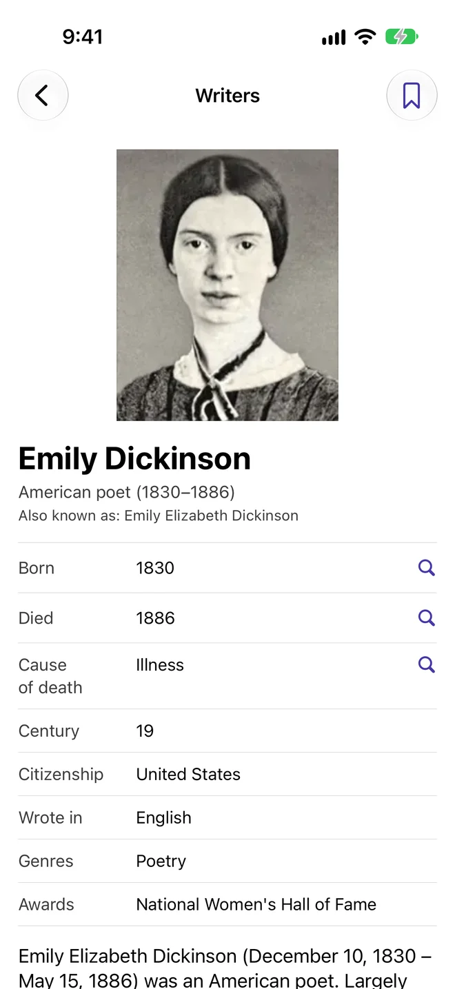 Emily Dickinson in Gnawledge: her portrait, then facts including born 1830, died 1886 and cause of death, each with a magnifying glass, followed by her century, citizenship, language, genre and awards.