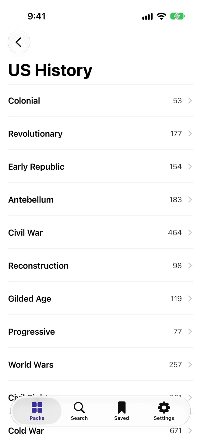 The US History pack in Gnawledge, grouped by era with the number of topics in each: Colonial, Revolutionary, Early Republic, Antebellum, Civil War, Reconstruction, Gilded Age, Progressive and World Wars.